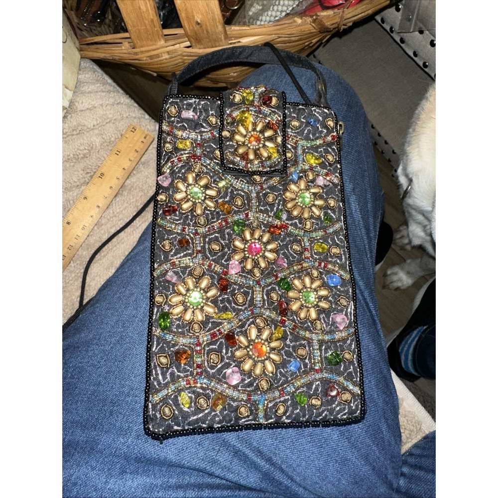 Handmade Indian Rhinestone Boho Beaded Embroidered Geometric Motifs Flower Purse - Picture 1 of 7